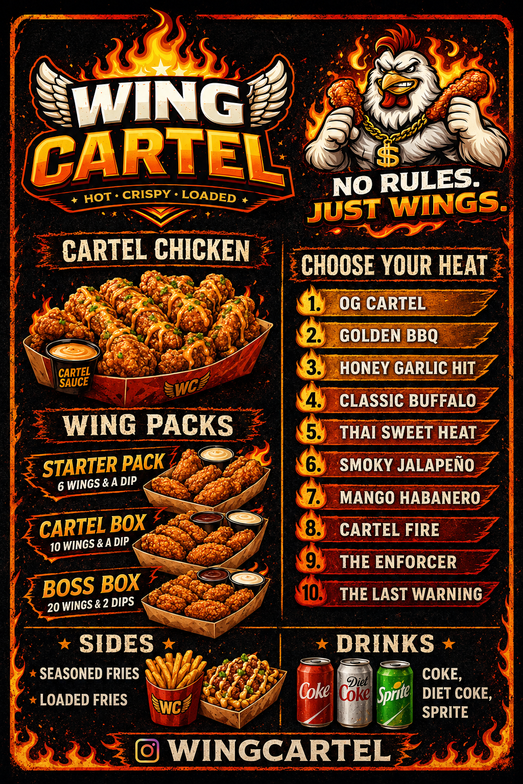 Wing Cartel menu featuring Cartel Chicken, wing packs, ten heat flavours, sides and drinks