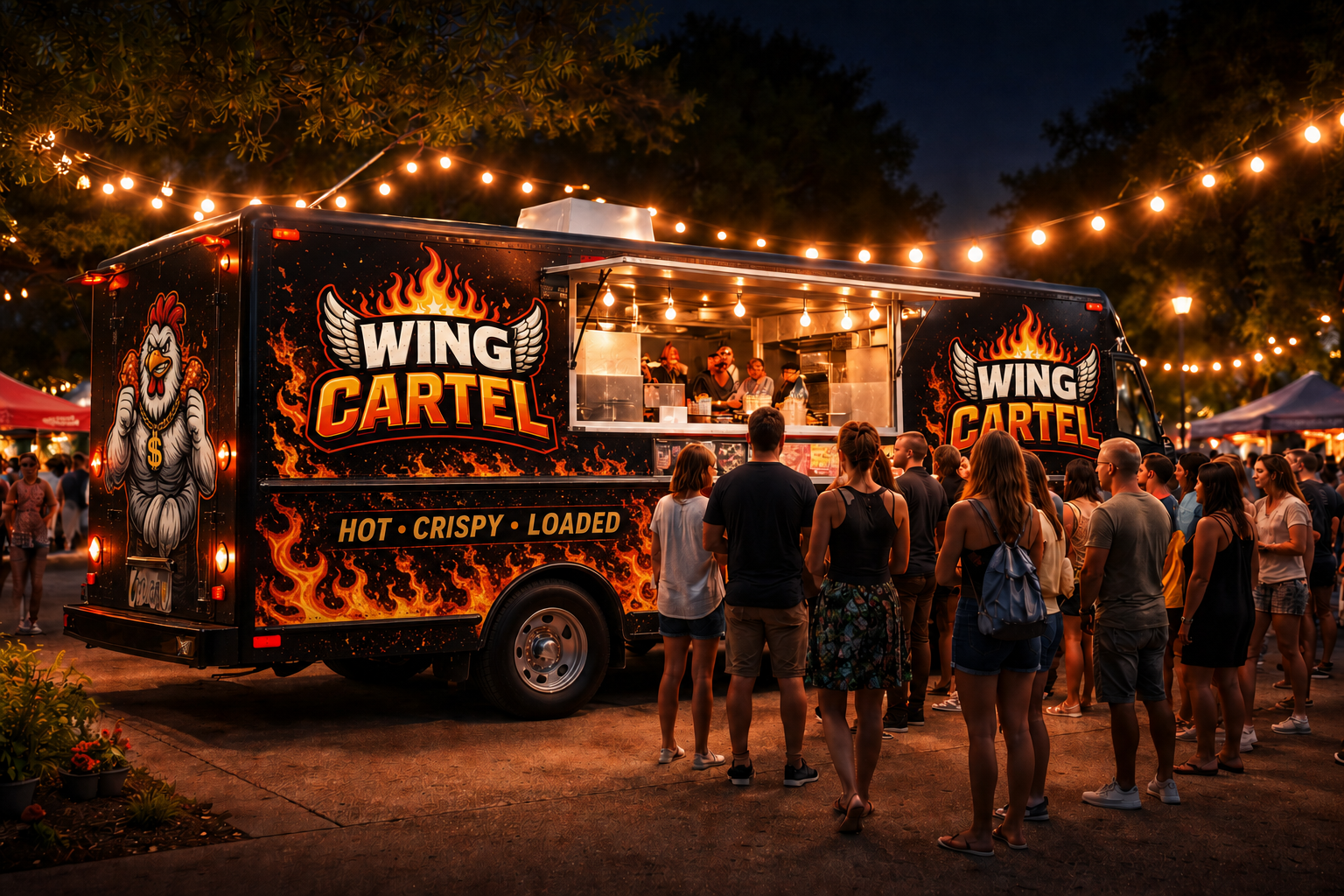 Wing Cartel food truck serving a crowd at a night event