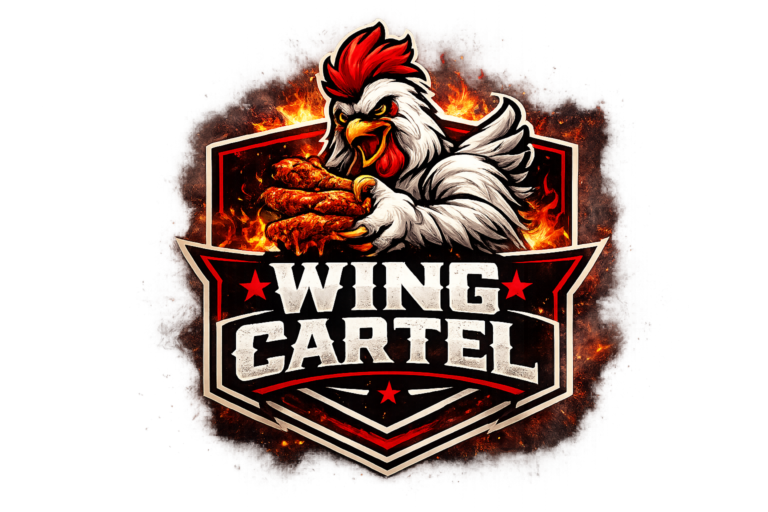 Wing Cartel rooster holding chicken wings